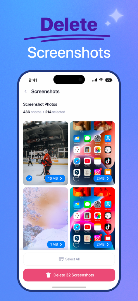 Cleanse AI－Phone, Mail Cleaner - Interfaz de la aplicación Cleanse AI que muestra una lista de capturas de pantalla con opciones para seleccionarlas y eliminarlas para ahorrar espacio en el teléfono.