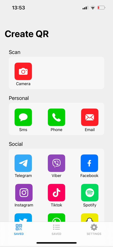 A screenshot of the Create QR screen in the app showing icons for social media and personal contact methods.
