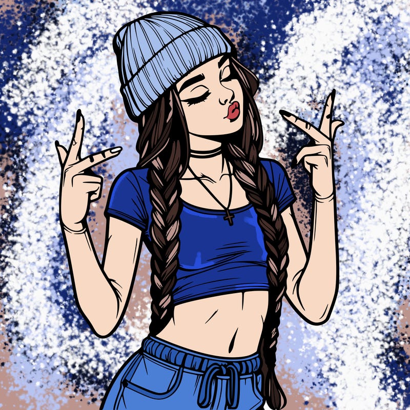 realistic teenage girl with braids and a beanie and crop top doing 🫶🏼