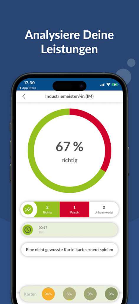 Ein Leistungsanalysebildschirm aus der Industriemeister App, der ein korrektes Ergebnis von 67 Prozent in einem Fortschrittsdiagramm zeigt.