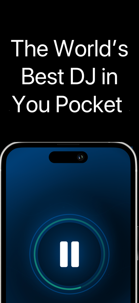 DJ – ChatGPT Music Curator - DJ app interface on an iPhone showing the headline The Worlds Best DJ in Your Pocket with a sleek playback UI