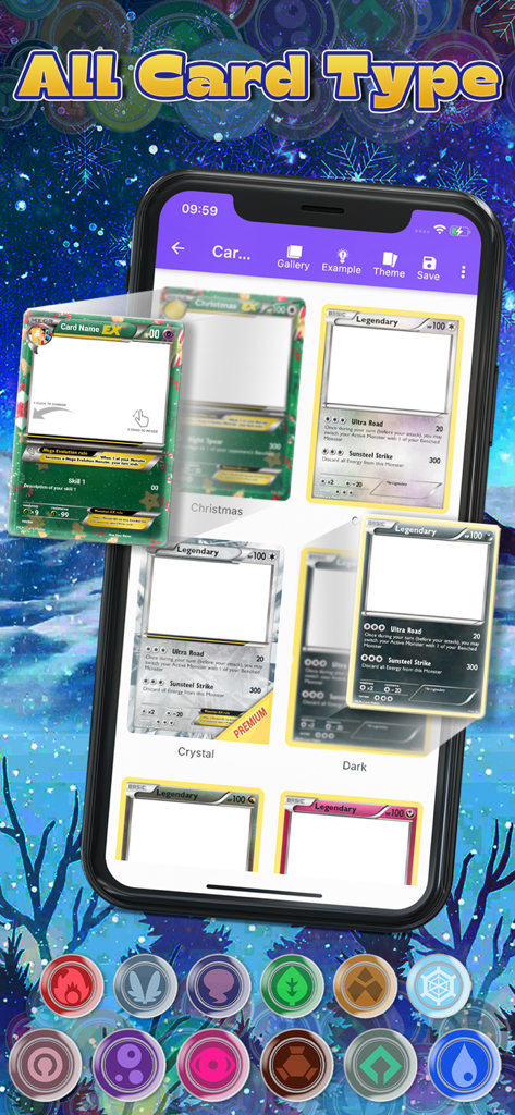 Card Maker Creator for Pokemon - Mobile app interface showing various custom Pokemon card templates and energy symbols