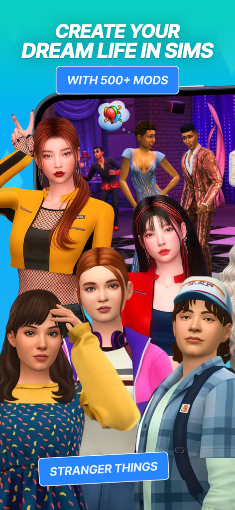 Game Mods for The Sims 4 - A group of diverse Sims 4 characters featuring high quality custom content and Stranger Things inspired mod styles