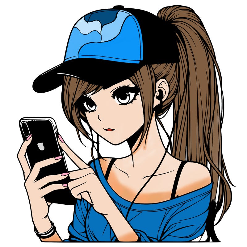 realistic girl with a long ponytail and trucker hat holding an iphone