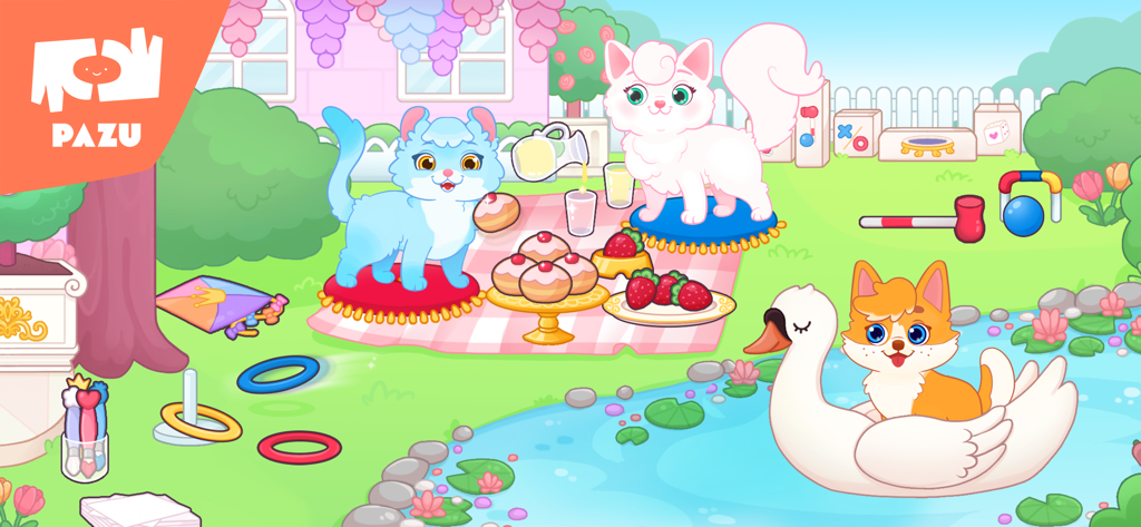 Princess Palace Pets World - Cute virtual cats and a puppy having a garden picnic with cupcakes and a swan float in Princess Palace Pets World