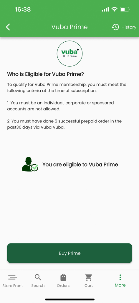 Vuba Vuba - Vuba Vuba app screen showing Vuba Prime membership eligibility criteria and status.