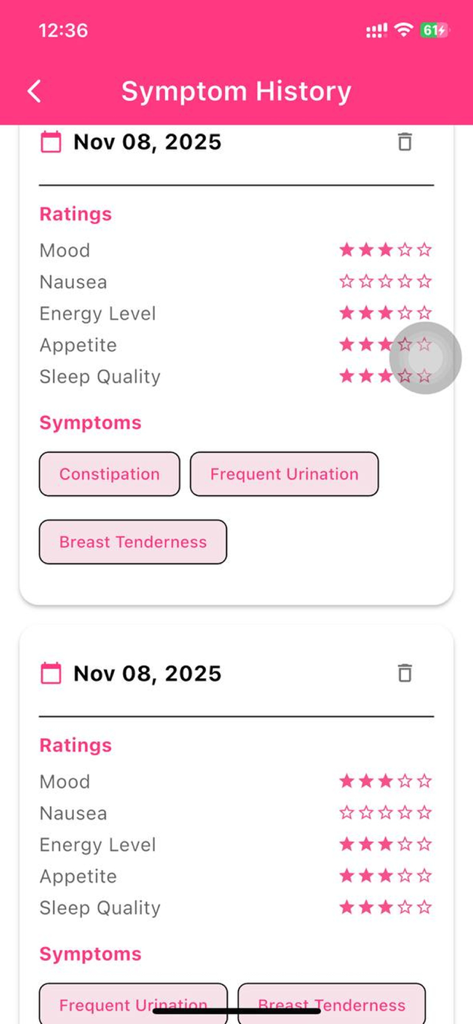 Pregnancy Calculator & Tracker - Symptom history page in the Pregnancy Calculator and Tracker app showing daily health ratings and symptoms