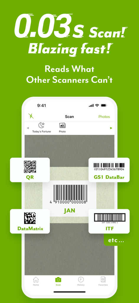 ICONIT QRcode Reader - ICONIT QR code reader app interface highlighting fast 0.03 second scanning of various barcode types including GS1 DataBar and DataMatrix