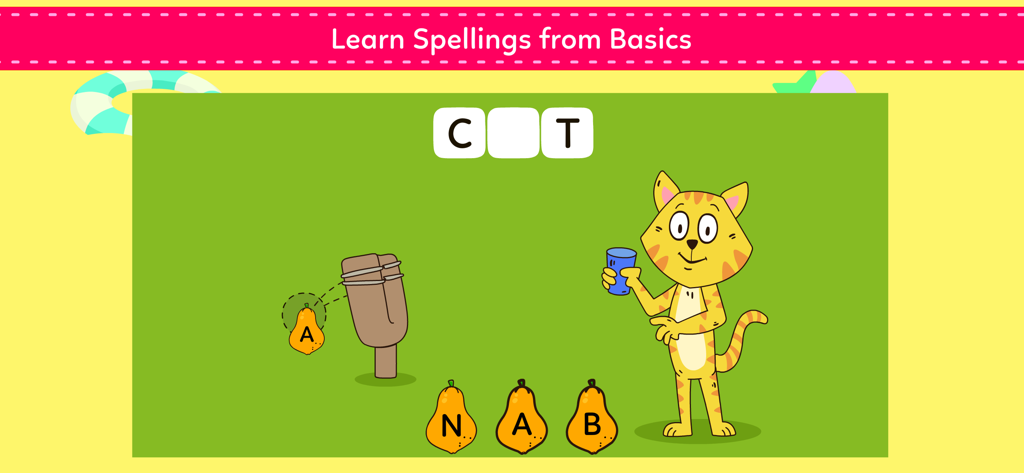 Spelling Games For Kids - An educational spelling game screen for kids showing a cat character and a slingshot game to fill in missing vowels in words.