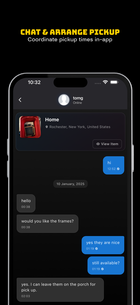 Ein Screenshot der Chat-Oberfläche der Freecycle-App, der zeigt, wie zwei Benutzer eine Abholung von Artikeln vor der Haustür koordinieren