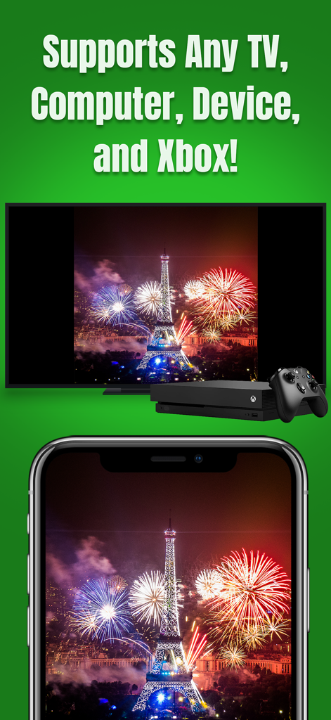 Air Mirror: Smart TV & Console - iPhone che duplica fuochi d'artificio su una smart TV e una console Xbox
