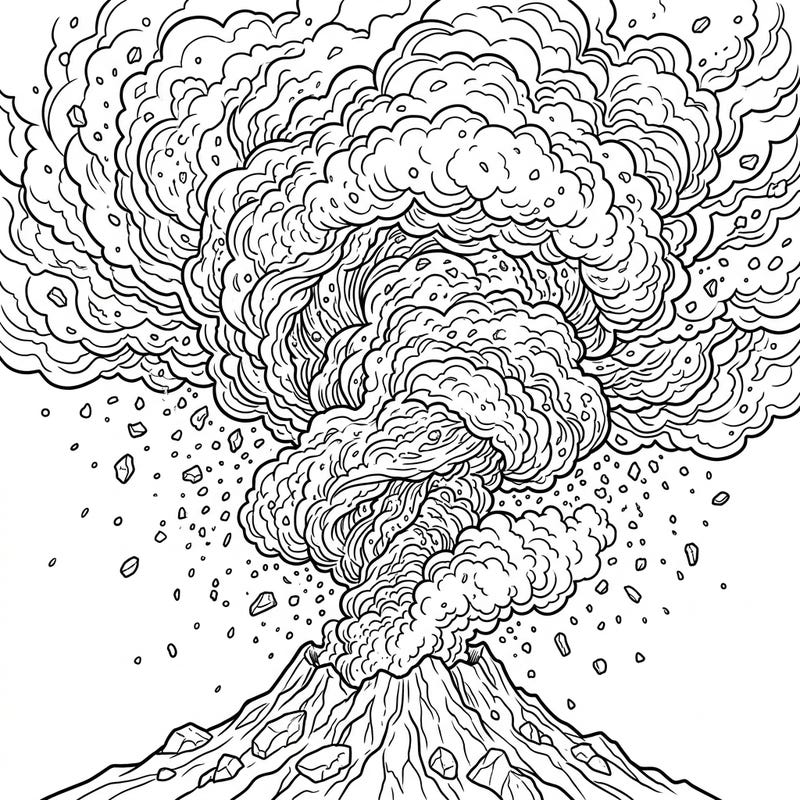 Dive into the raw power of nature with this intricate volcanic ash eruption coloring page. Featuring dense, swirling clouds of ash and falling debris, it offers a dramatic and engaging scene ready for your artistic touch.