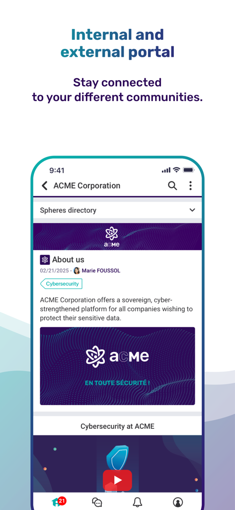 Capture d'écran de l'application Whaller affichant un portail d'entreprise pour ACME Corporation avec des informations sur la cybersécurité et des espaces communautaires.