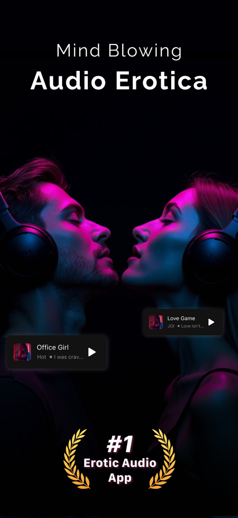 Bang: Erotic Sex Stories App - A man and a woman wearing headphones under neon lights for the Bang erotic audio stories app.