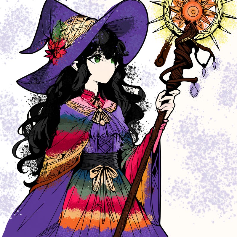 a realistic fantasy manga witch with a staff