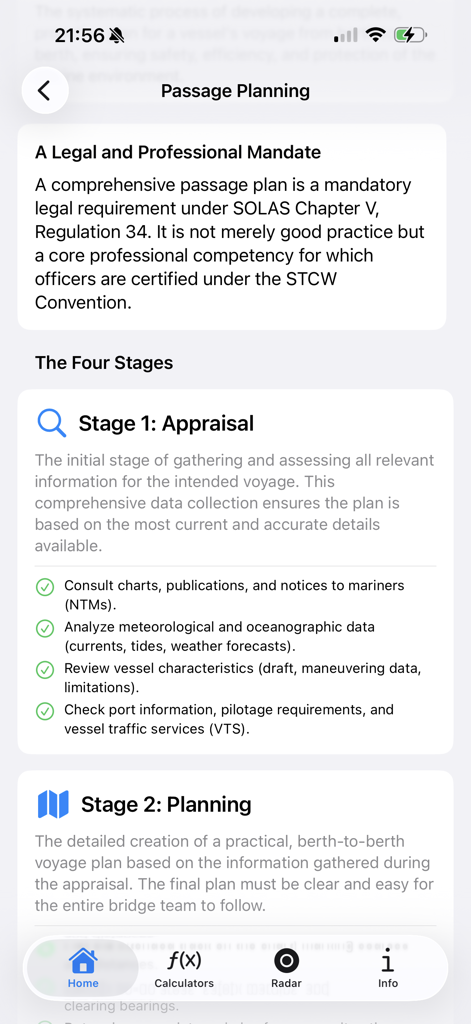 Maritime Master app screen detailing the four stages of passage planning for deck officers.