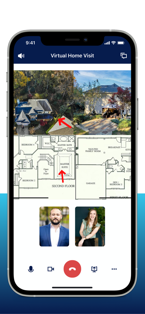 BLUE App - Blue Lotus Realty - Una captura de pantalla de la App BLUE que muestra una videollamada de visita virtual del hogar con fotos de la propiedad y un plano detallado.