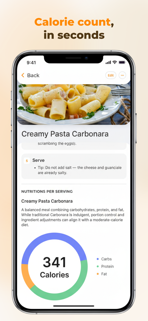 Youmeal-App zeigt ein cremiges Pasta-Carbonara-Rezept mit Kalorienzähler und Nährwertaufschlüsselung an