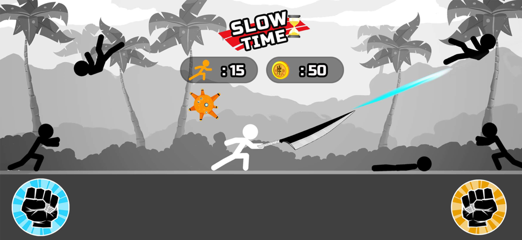Stickman Fighter Epic Battle 2 - A white stickman warrior using a large sword to defeat black stickmen enemies in a jungle setting during a slow time event.