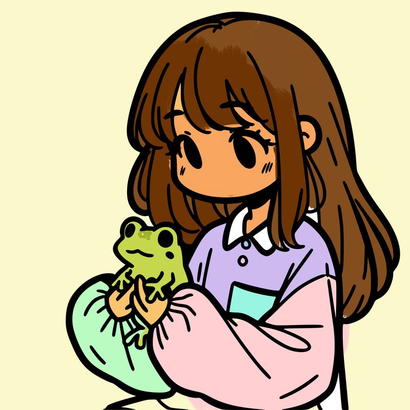 girl with long hair and a oversized shirt. and she is holding a frog