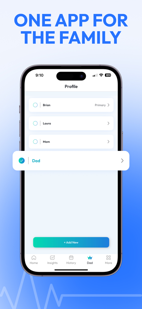 SmartBP app interface showing multiple family member profiles for blood pressure tracking