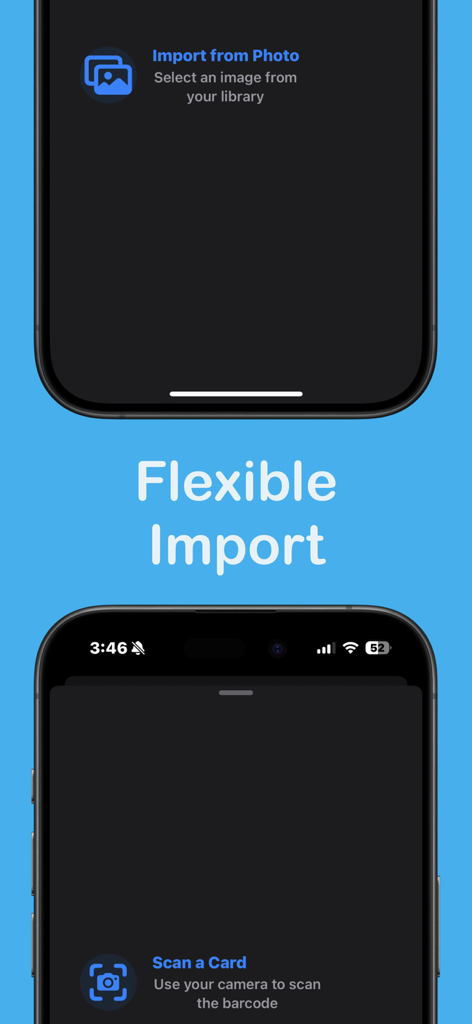 CardVault - Aplicación CardVault que muestra opciones para escanear códigos de barras de tarjetas de fidelidad o importarlas de la biblioteca de fotos