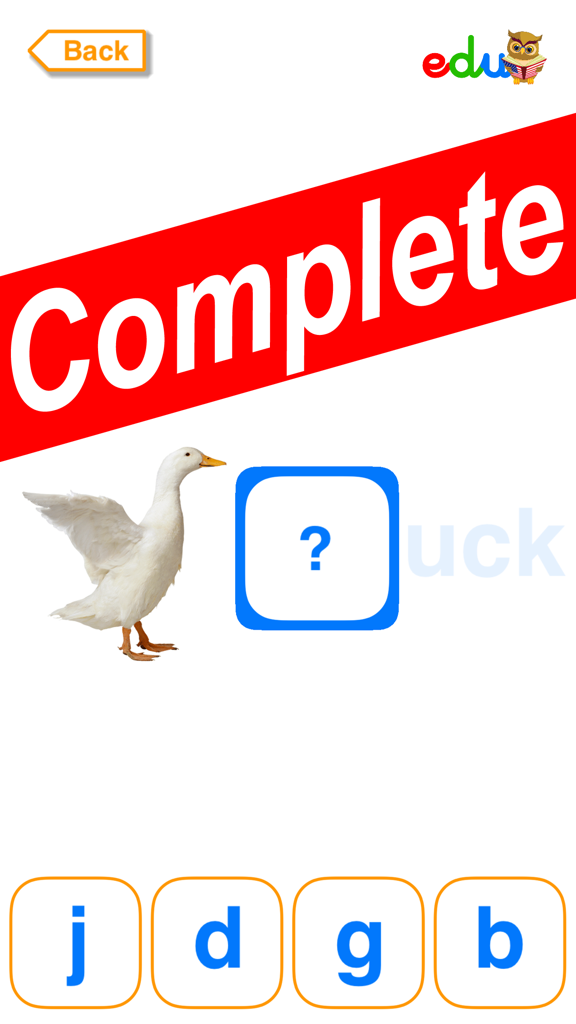 Phonics - Free - Learn to read - A word completion game in the phonics app showing a duck and letter options to complete the word.