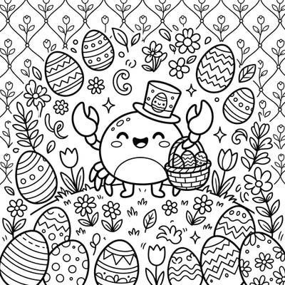 Dive into a charming Easter celebration with this delightful pea crab coloring page. Featuring a joyful crab amidst decorated eggs and spring blossoms, it's perfect for adding a splash of color to your holiday.