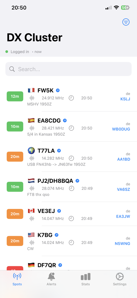 DX Cluster monitor - Real-time DX spots list showing amateur radio callsigns and frequency bands