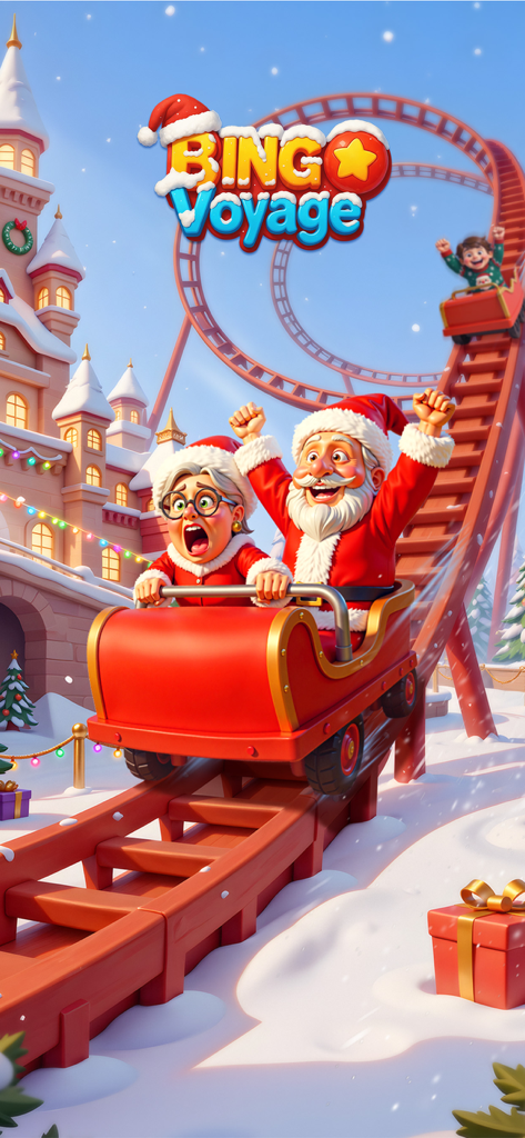 Personaggi anziani vestiti da Babbo Natale e signora Natale che cavalcano un ottovolante a forma di slitta in un ambiente invernale da favola.