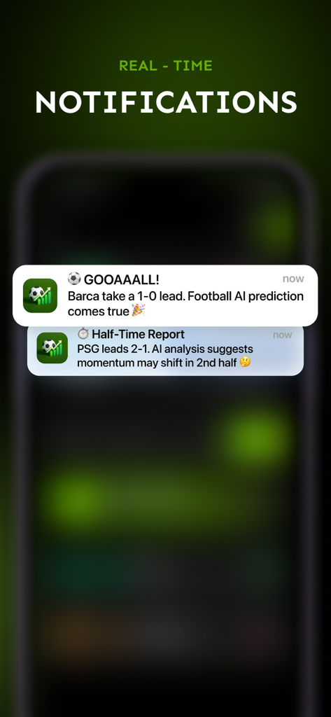 Football AI: Live Match Scores - Smartphone screen displaying real-time football match notifications and AI analysis from the Football AI app.