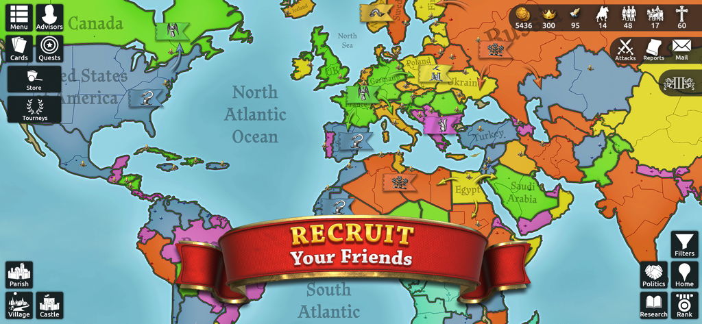 A global political world map in the Stronghold Kingdoms mobile game with a banner inviting players to recruit friends.