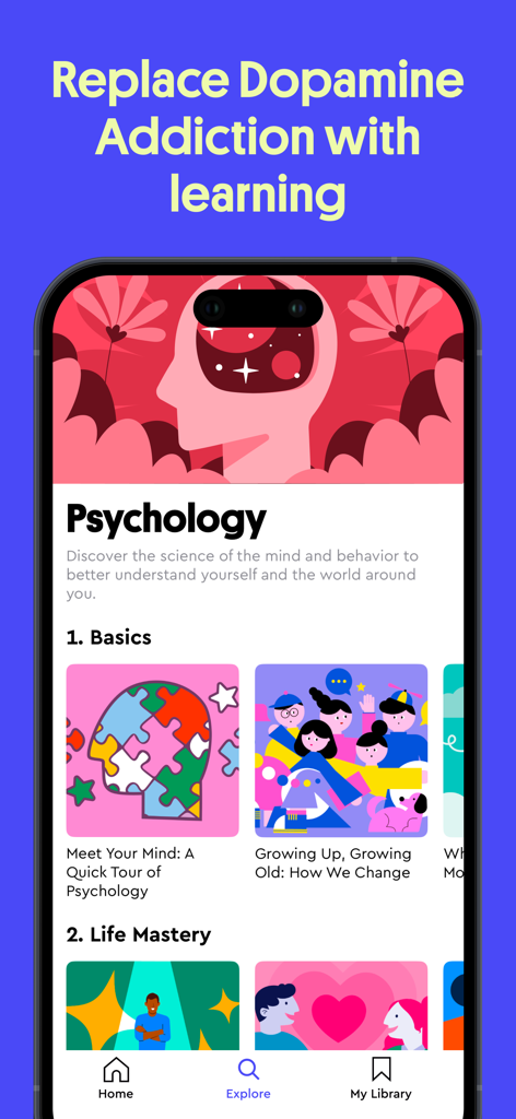 Interfaz de la aplicación Loomi Learning Games que muestra módulos de cursos de psicología y un diseño colorido