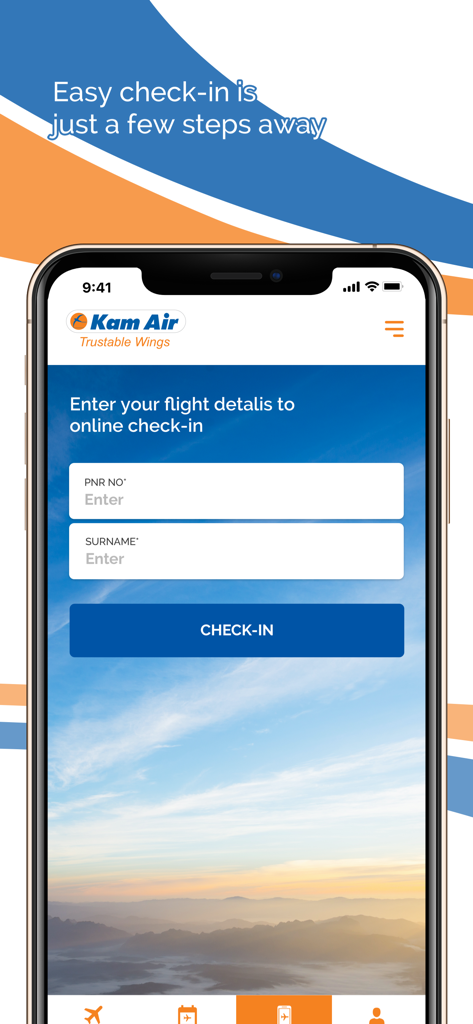 Kam Air Trustable Wings - Tela de check-in online do aplicativo móvel Kam Air mostrando campos de entrada de número PNR e sobrenome