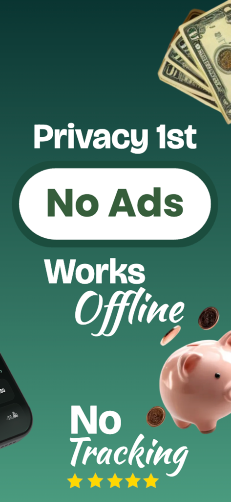 Fint app privacy features showing no ads, offline work, and no tracking