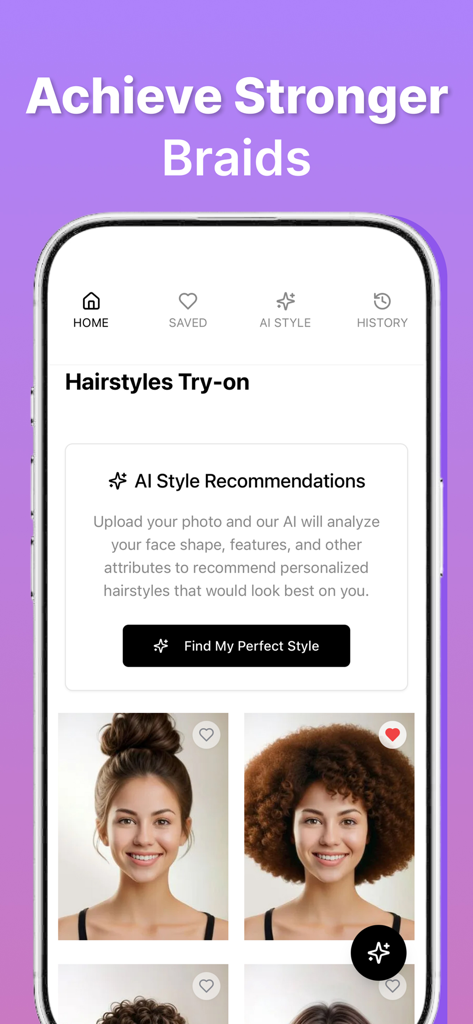 Braid & Style: African Hair - Interfaz de aplicación móvil que muestra recomendaciones de peinados con IA y función de prueba virtual para cabello africano.