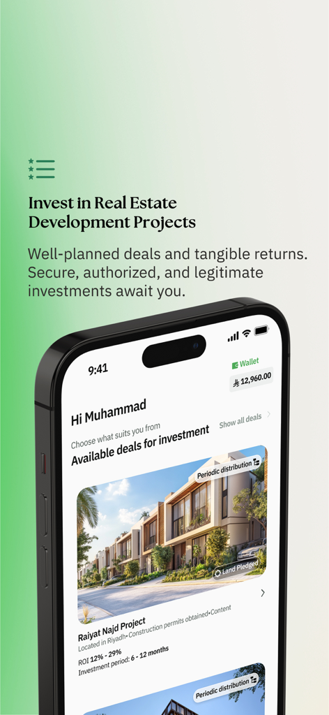 Un smartphone affichant l'interface de l'application Safqah Capital avec des opportunités d'investissement dans le développement immobilier en Arabie Saoudite