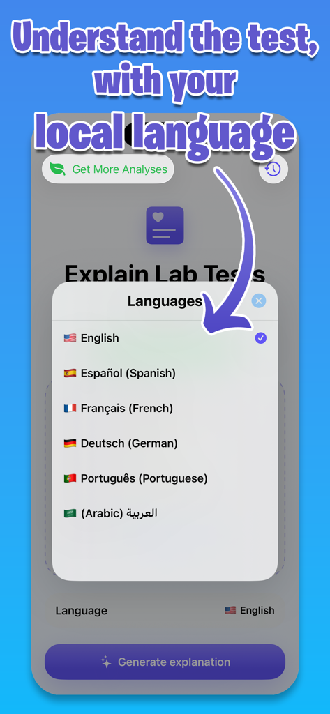AI Blood Tests Analyzer app interface showing a list of supported languages including English Spanish French German Portuguese and Arabic