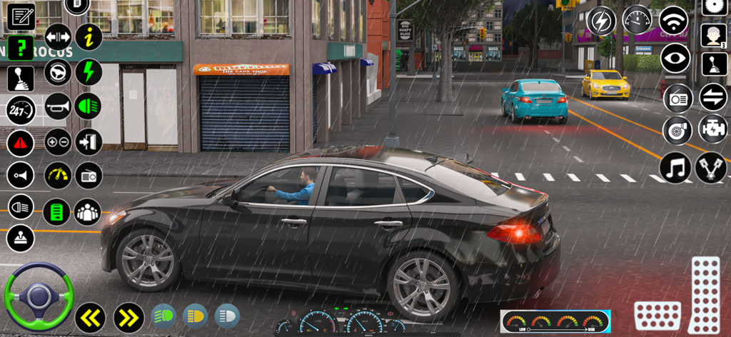 Real Car Driving 3D Car Games - Eine schwarze Limousine fährt durch eine regnerische Stadtstraße mit einer detaillierten Benutzeroberfläche in einem 3D-Autosimulationsspiel.