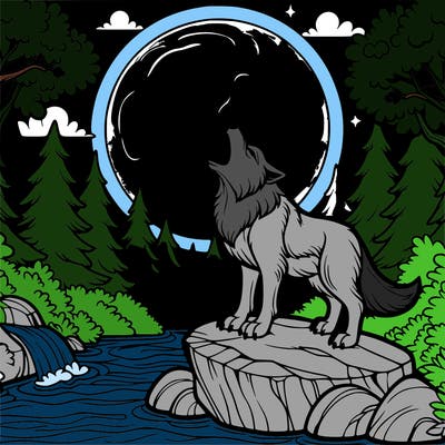 reilistic wolf howling on a rock with a full moon and its un a forest and theres a waterfall
