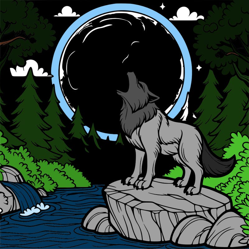reilistic wolf howling on a rock with a full moon and its un a forest and theres a waterfall