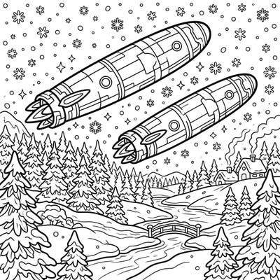 Discover an extraordinary blend of sci-fi and seasonal beauty with our cigar-shaped UFOs coloring page. Perfect for adding vibrant colors to a frosty winter landscape and mysterious alien visitors.