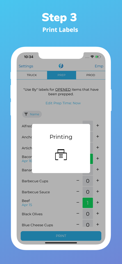 Une interface mobile de l'application PrepWizard montrant l'étape où les utilisateurs impriment des étiquettes de préparation alimentaire automatisées pour les articles de cuisine