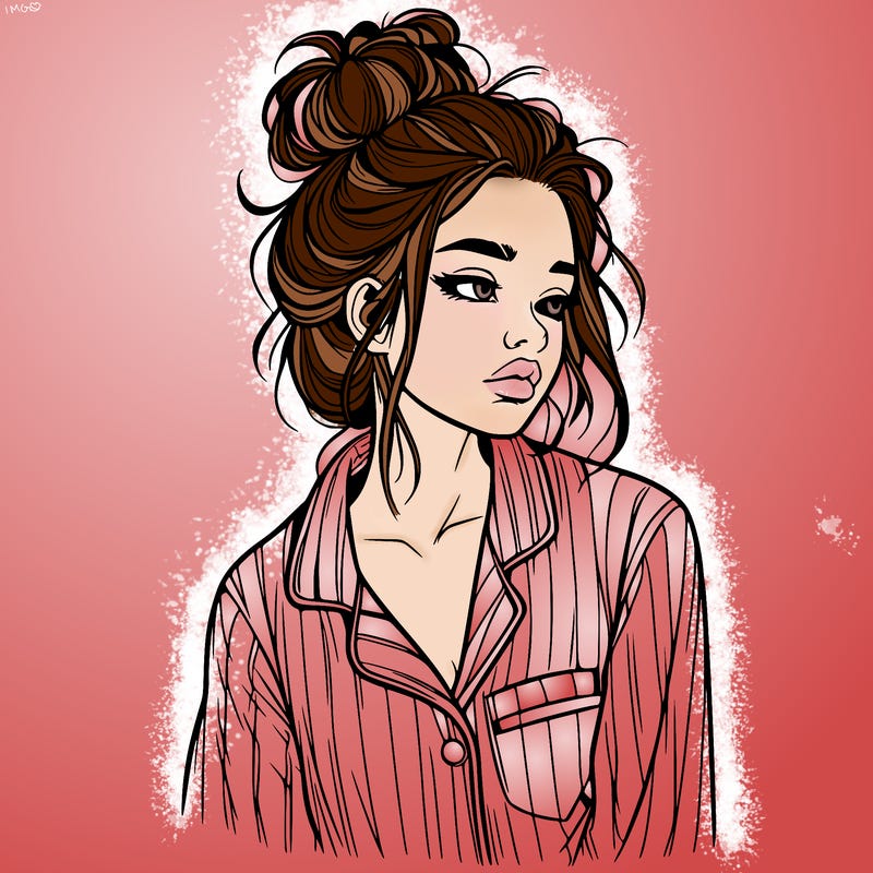 realistic woman with pajamas on and a messy bun