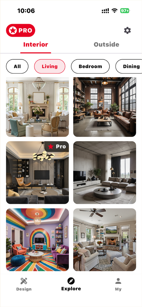 Decor Master-AI Home Design - Explore tab of Decor Master AI Home Design app showing a grid of various interior living room styles