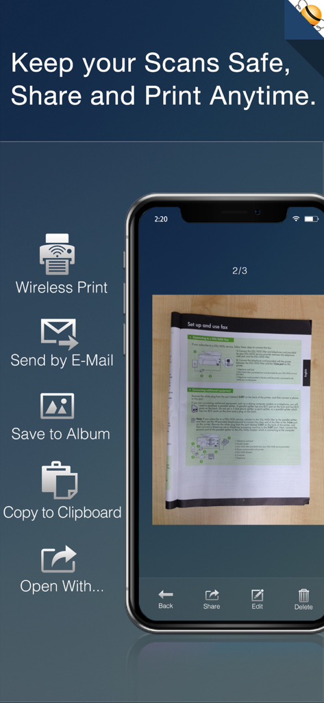 A mobile interface for PDF Scanner showing document sharing options like wireless printing, email, and clipboard copying.