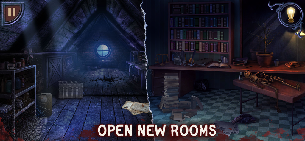 Horror House Escape Scary Game - Split screen showing a dark attic and a creepy laboratory with a skeleton in the Horror House Escape game.