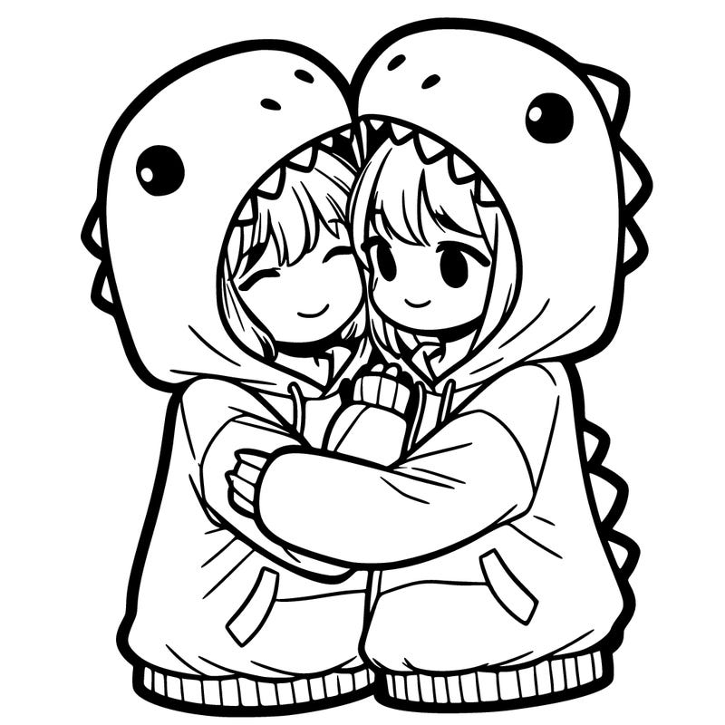 two girls hugging each other in dinosaur hoodies