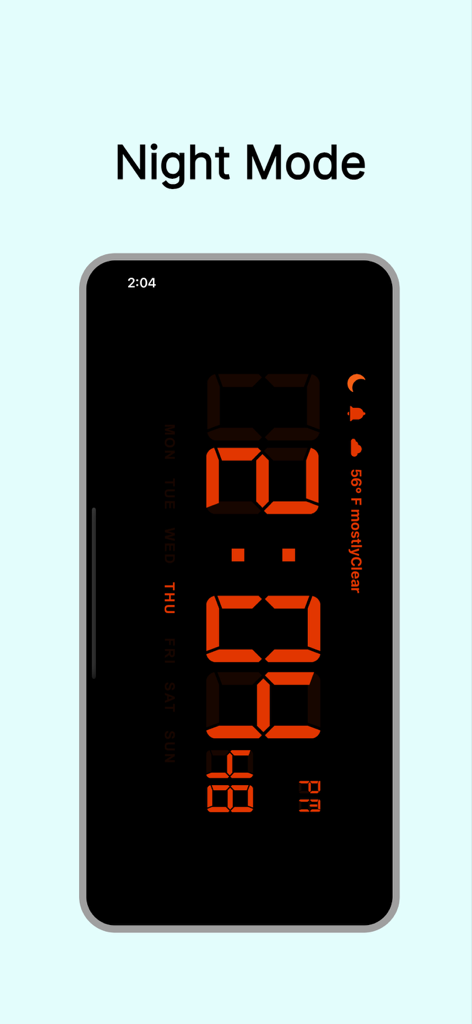 Modalità notturna dell'app orologio digitale che mostra l'ora e il meteo in arancione su uno sfondo nero