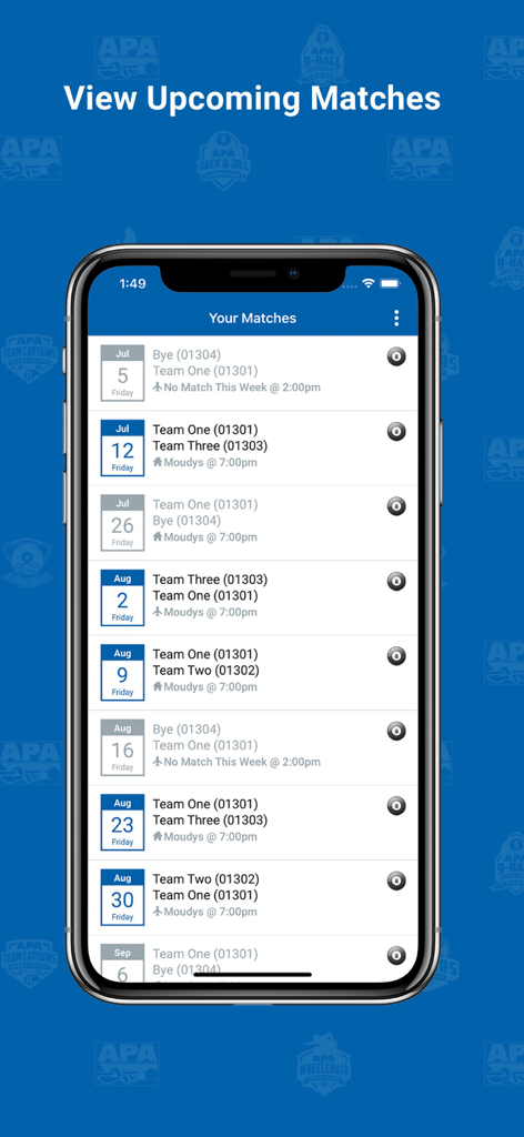 Un écran montrant le calendrier des prochains matchs de ligue de billard dans l'application APA Scorekeeper.